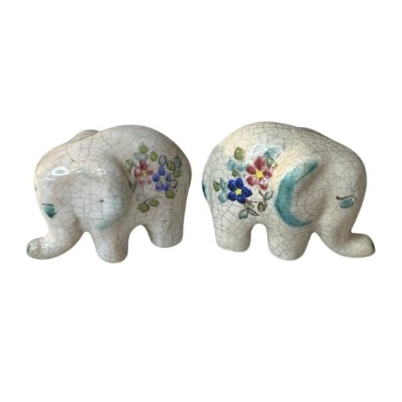 Vintage Ceramic Elephant Figurines Set Of 2 Hand-Painted Floral Decorative Colle - Picture 1 of 9